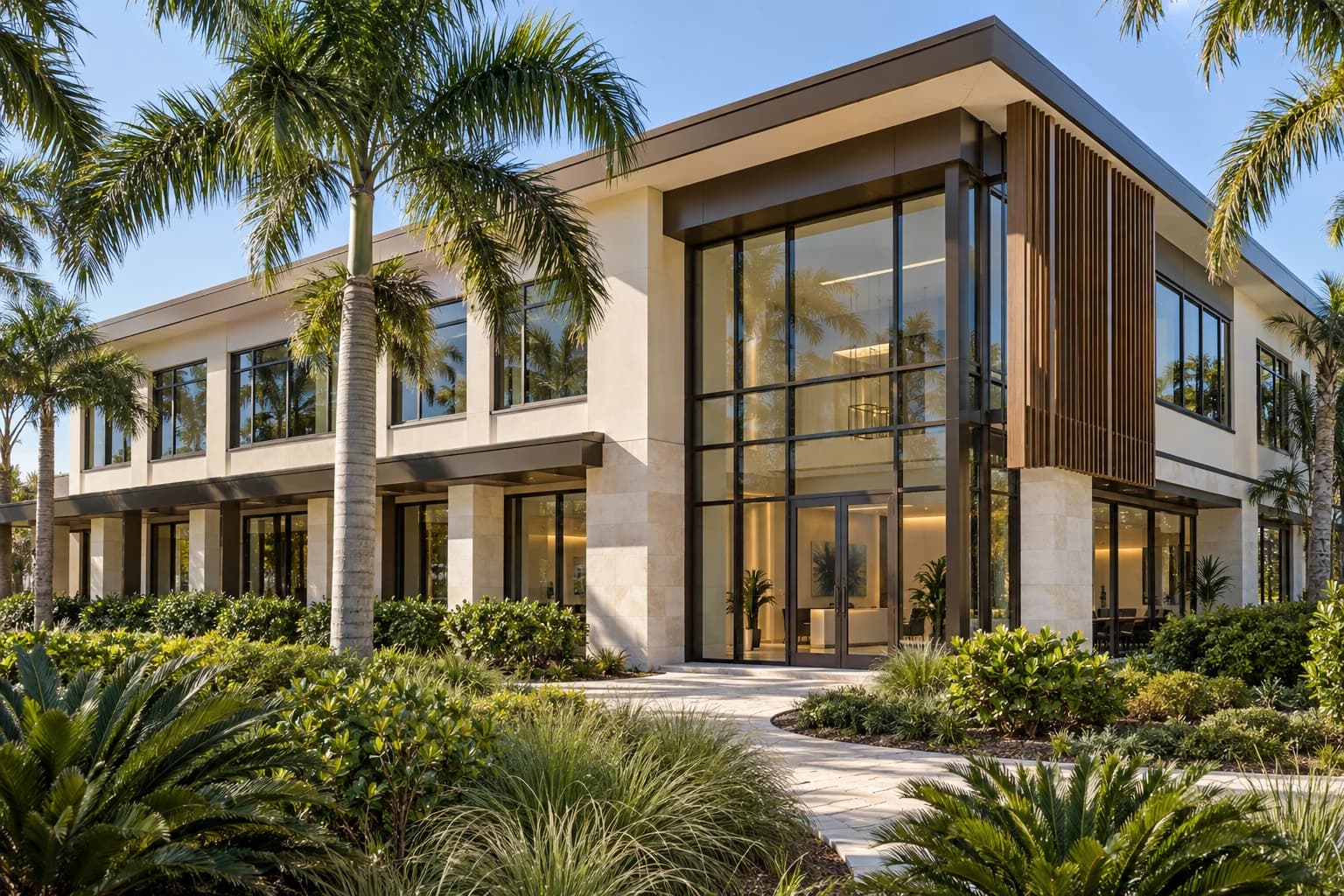 The Garden Offices concept — A contemporary professional office building with shaded entrances, generous glazing, and carefully maintained Florida gardens