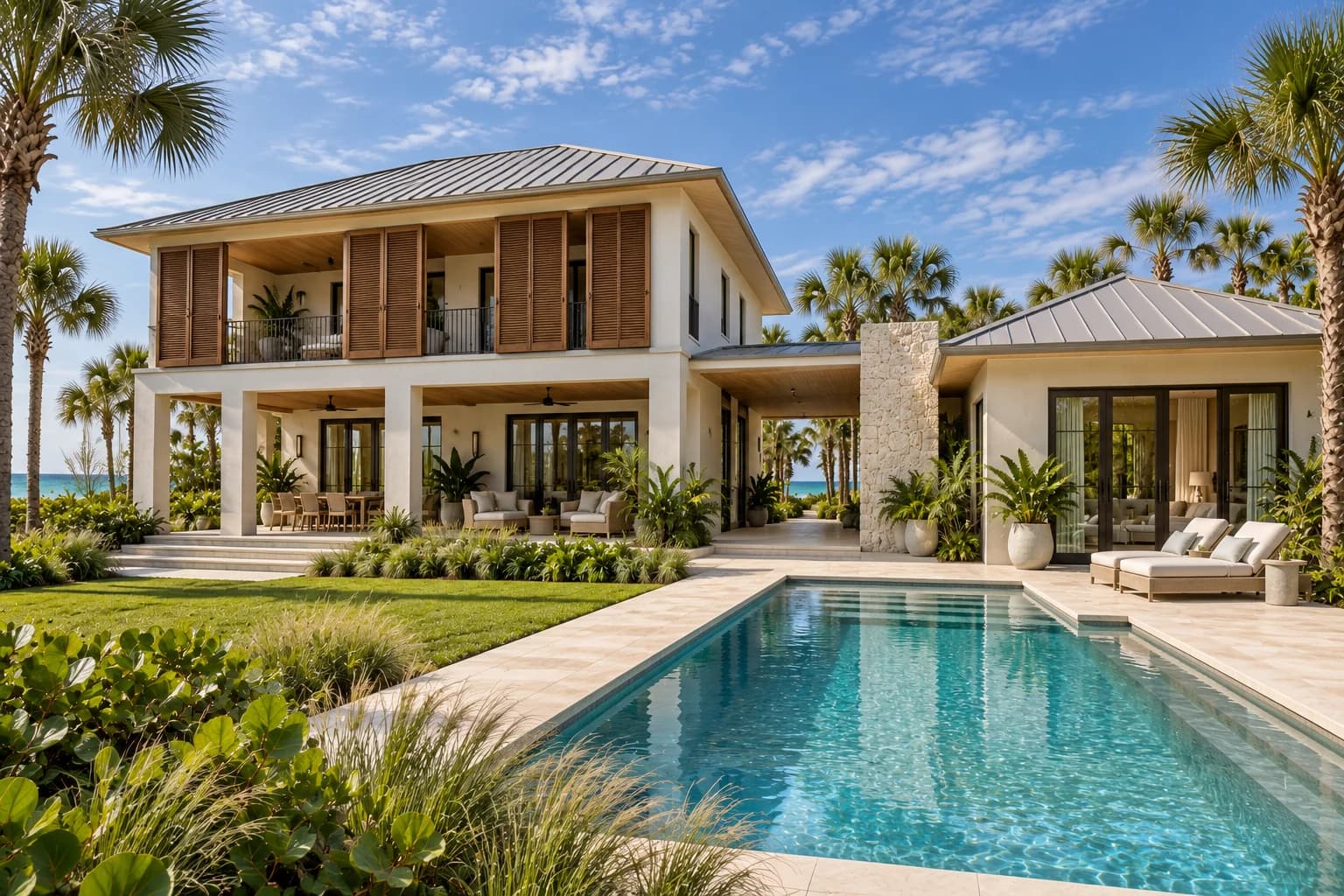 Gulfside House concept — Offset coastal pavilions with a cypress-screened upper veranda, a central breezeway, textured shell stone, and a pool framed by native Gulf Coast planting
