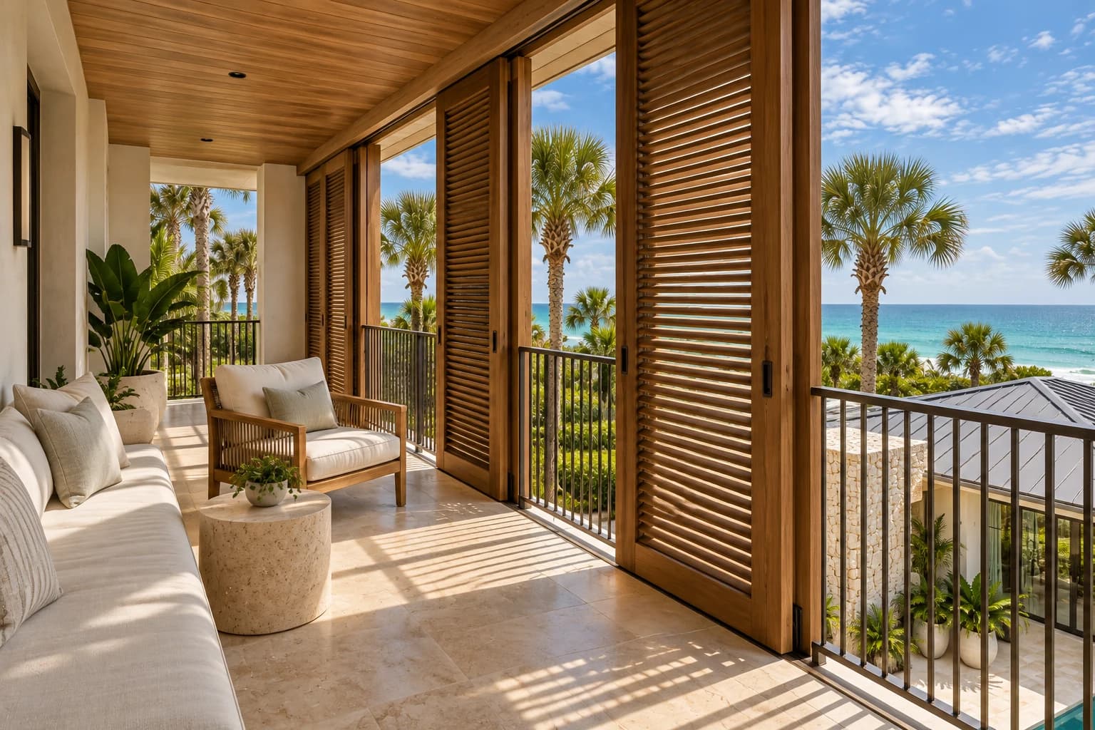 An upper coastal veranda with tall cypress screens, a warm timber ceiling, a fine bronze railing, and shaded seating overlooking the Gulf