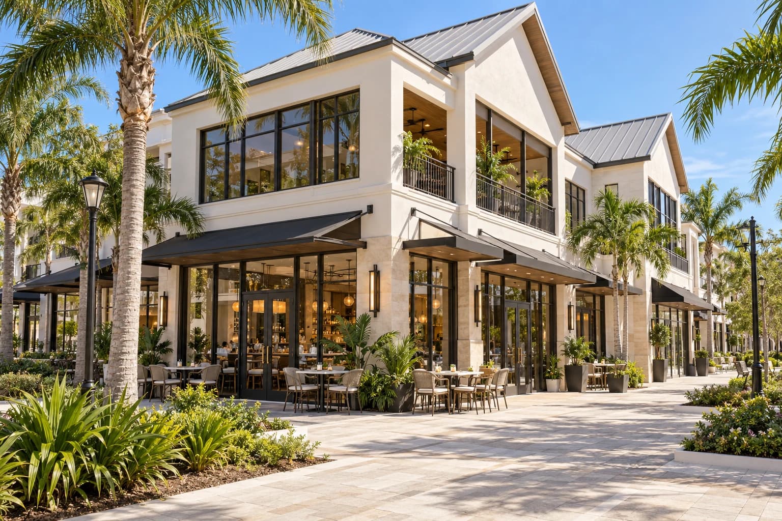 A palm-lined Florida mixed-use building with glazed storefronts, shaded dining terraces, and upper-level workspaces