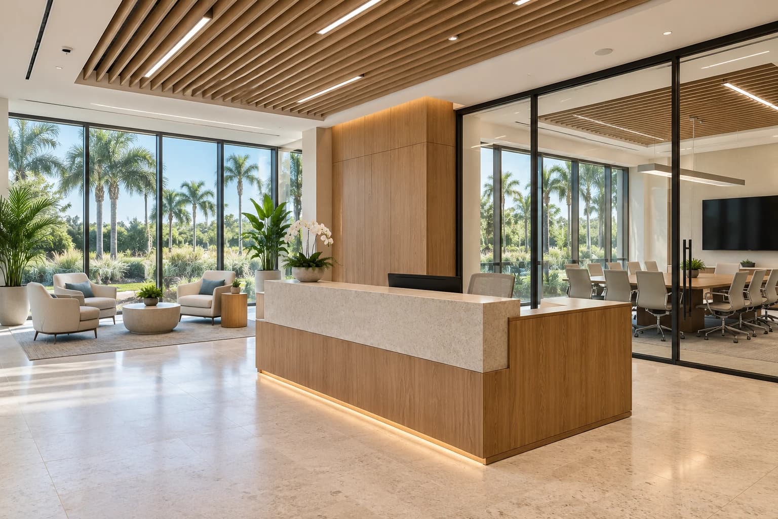 A contemporary office reception with oak millwork, glazed meeting rooms, and Florida palms beyond the windows