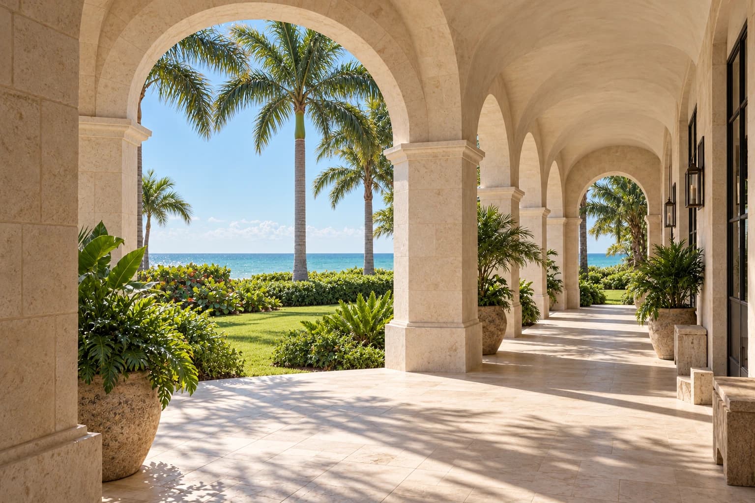 A sunlit limestone loggia opening to palms and a level Gulf Coast landscape