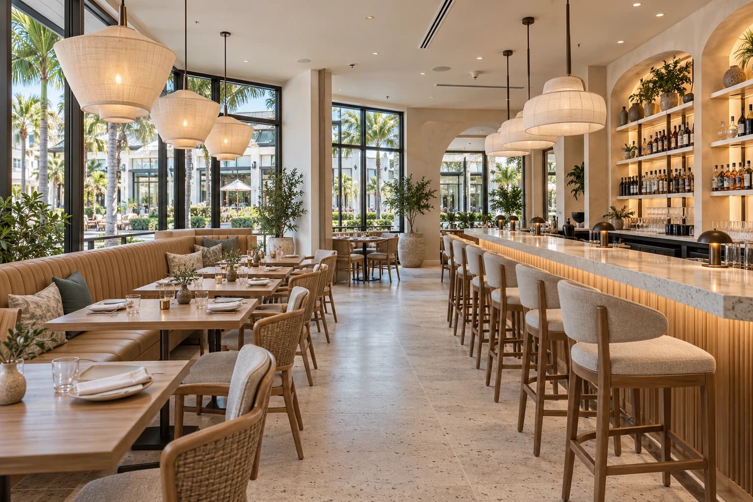 A refined restaurant build-out with oak banquettes, stone surfaces, a fitted bar, and street-facing windows