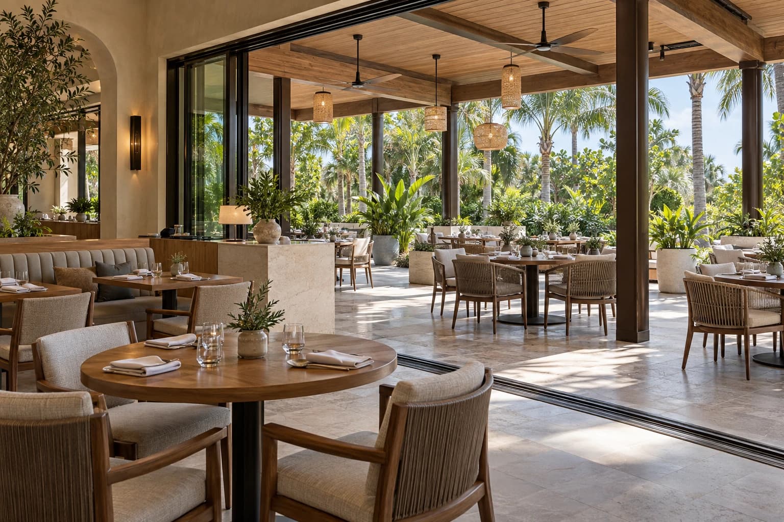 The Terrace Room concept — A coastal restaurant dining room opening through wide glazing onto a covered garden terrace