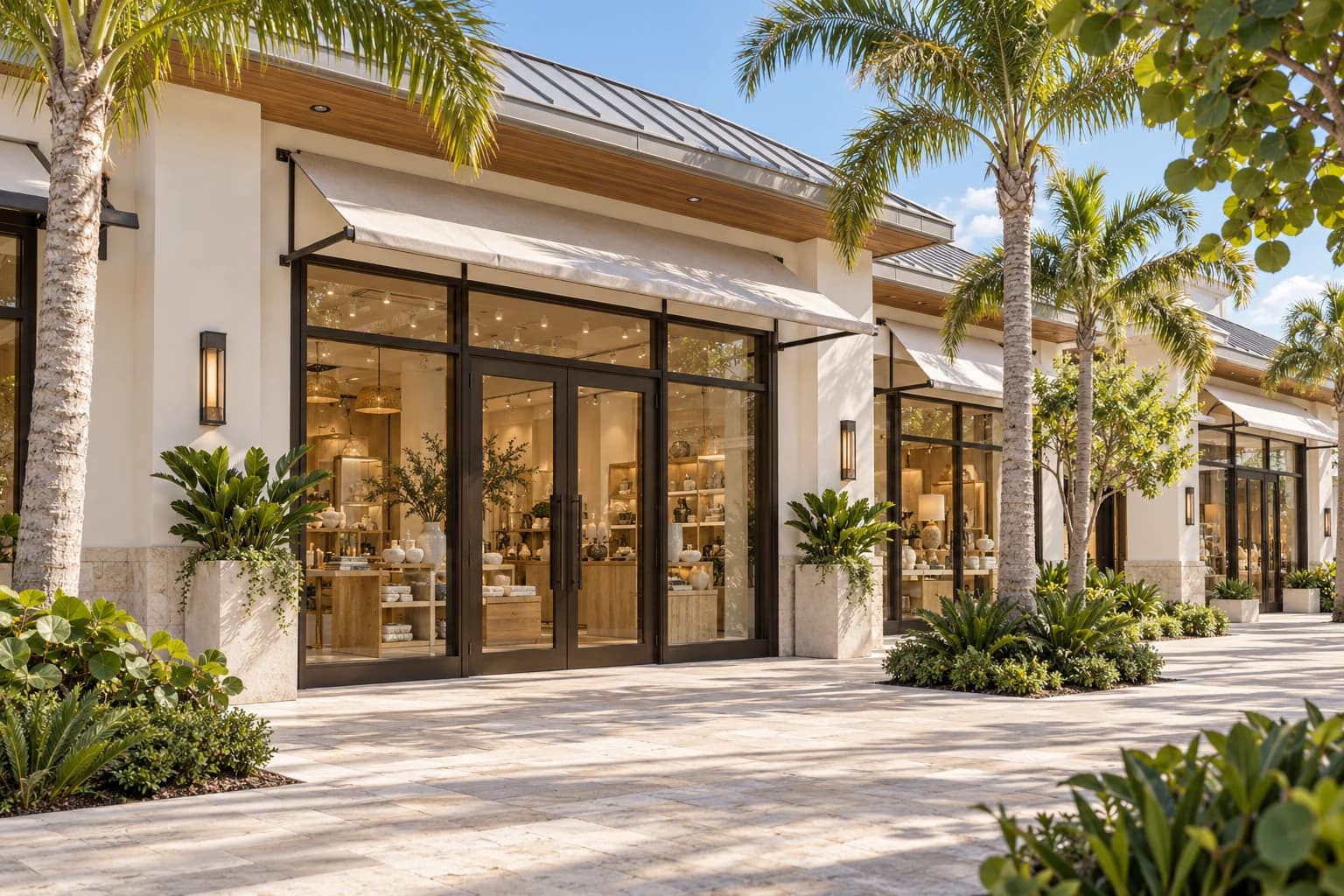 The Promenade concept — A refined Florida retail promenade with glazed boutique storefronts, shaded walkways, and tropical landscaping