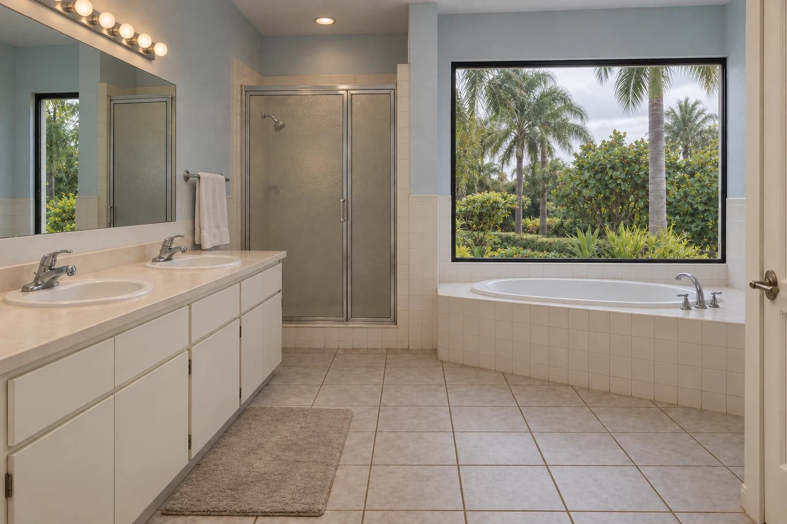 The Garden Bath — Before concept: a basic Naples bathroom with a stock vanity, plain mirror and lights, aged ceramic tile, and an older framed shower in flat daylight