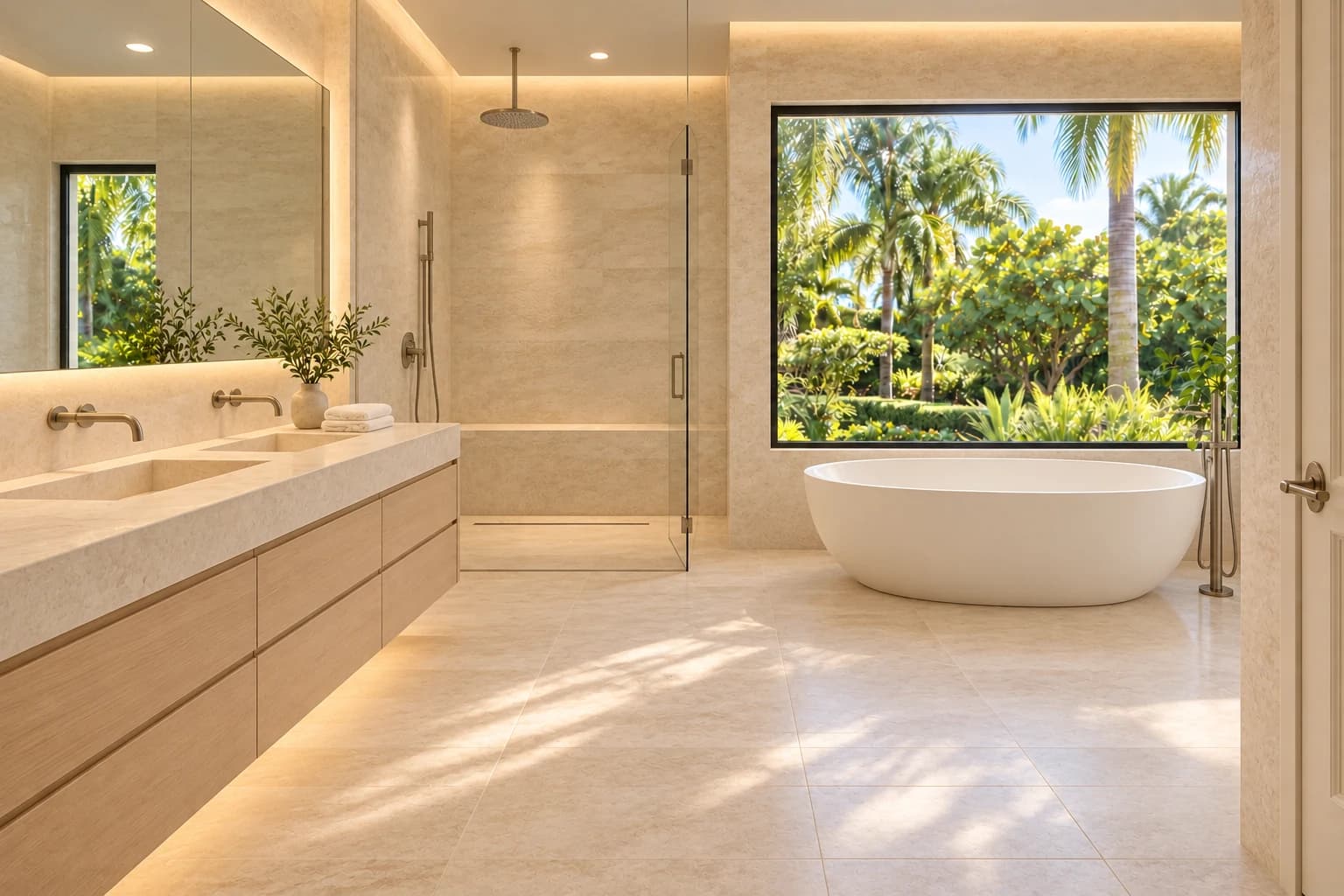 The Garden Bath concept — After concept: the same bathroom with a floating oak vanity, a freestanding tub, an expanded frameless shower, and pale limestone surfaces