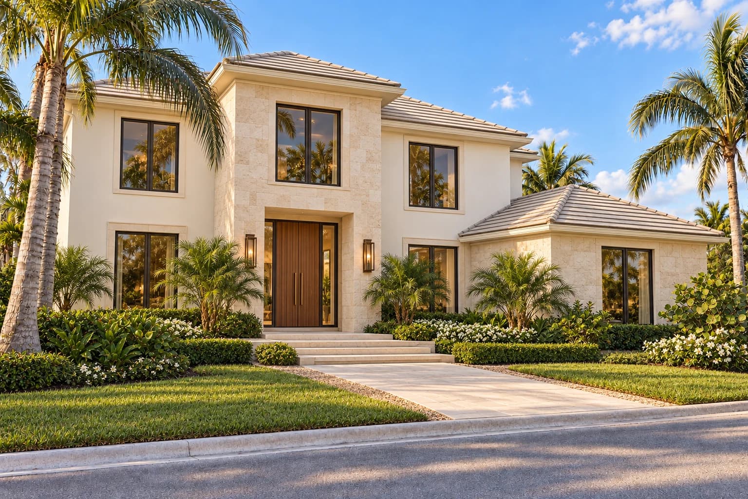 The Palm Residence concept — After concept: the same residence with a rebuilt limestone entrance, refined bronze openings, generous stone paving, and layered Florida landscaping