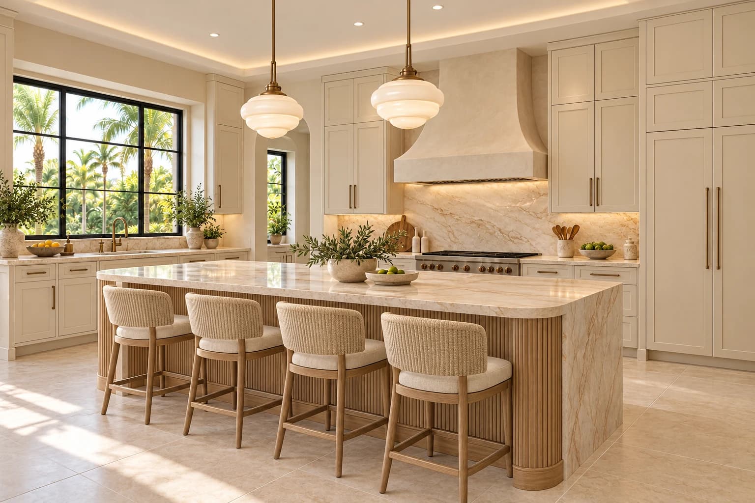 The Limestone Kitchen concept — After concept: the same kitchen with full-height ivory cabinetry, a large oak and stone island, a sculptural hood, and refined pendant lighting