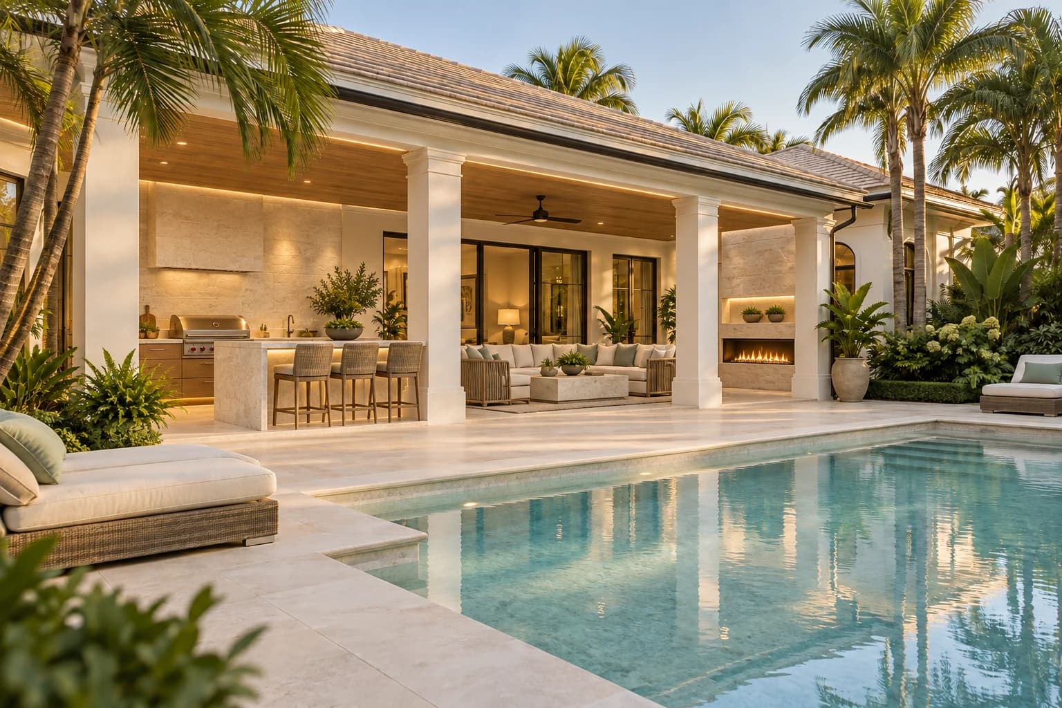 The Palmetto Terrace concept — After concept: the same pool terrace with a fitted outdoor kitchen and bar, stone fireplace, timber ceiling, and renewed limestone pool deck